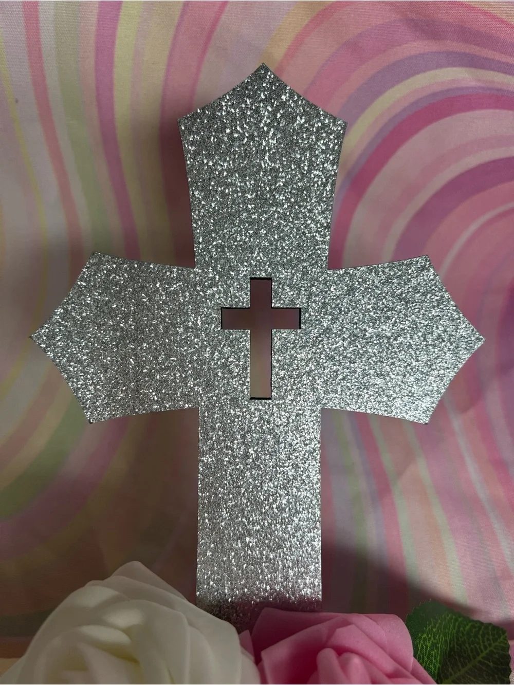 Glitter Cross Hoop Decor with White & Pink Roses